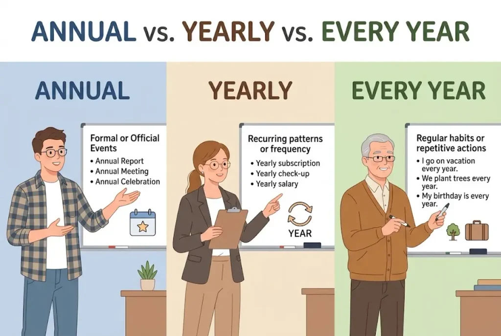 Annual vs yearly vs every year by context