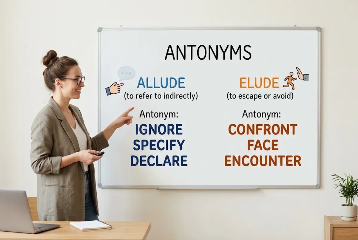 What are the antonyms of allude and elude?