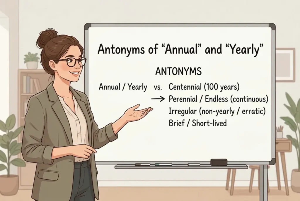 What are the antonyms of annual and yearly