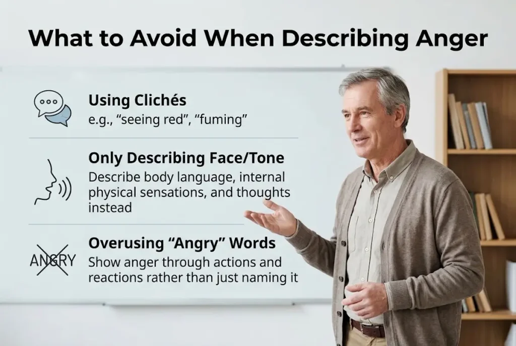What should you avoid when describing anger?