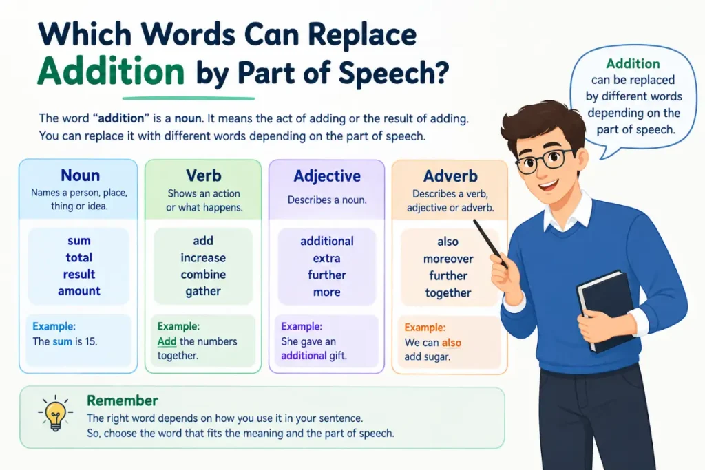 Which words can replace addition by part of speech?