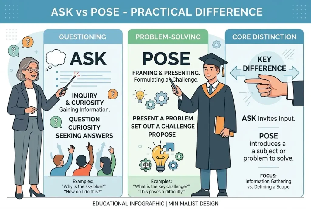 Ask vs pose — what is the practical difference?