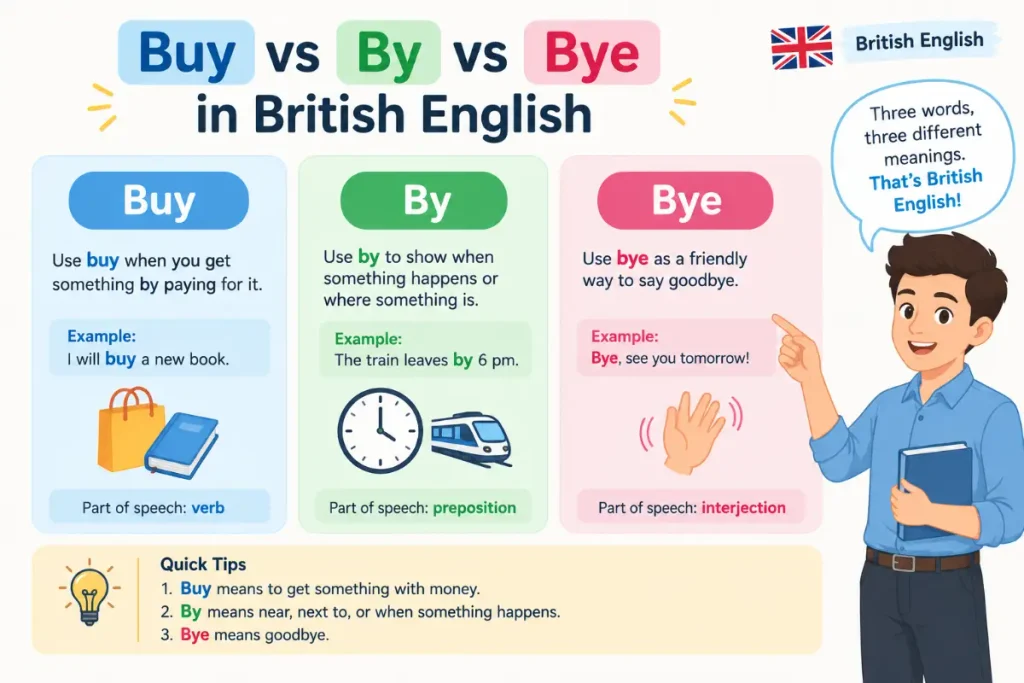 Buy vs by vs bye in British English