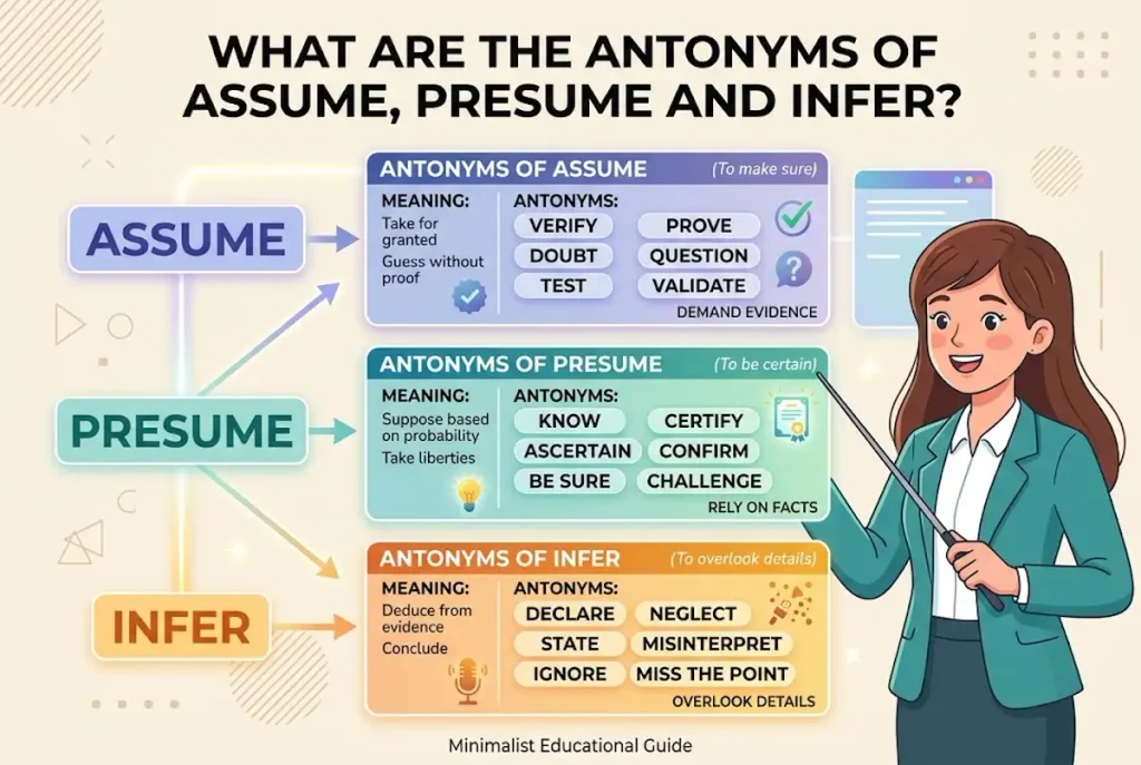 What are the antonyms of assume presume and infer?