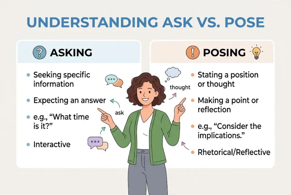 What should you remember about ask vs pose?